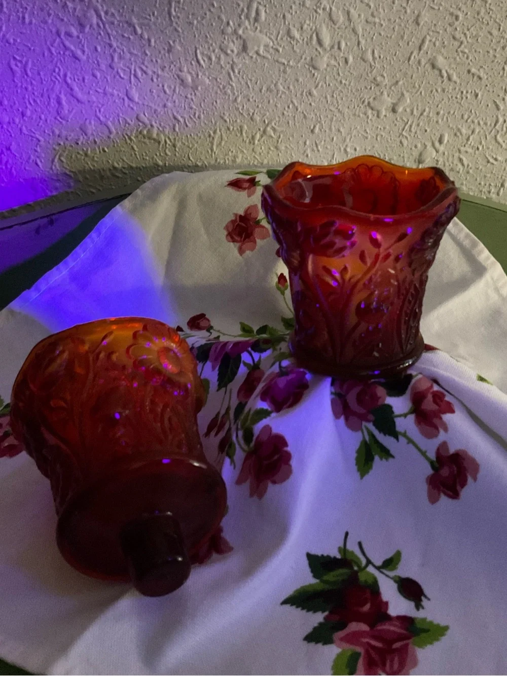 GLOWS Vintage  Red Amberina Peg Votive Holder Textured floral pattern